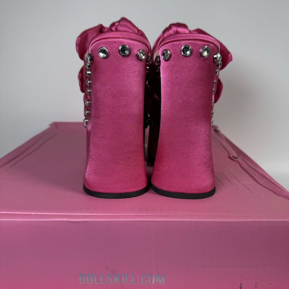 Sugar Thrillz Strike a Pose Diamante Bow Mule‎ Heels Pink Satin Platform Size 10 - Picture 3 of 12